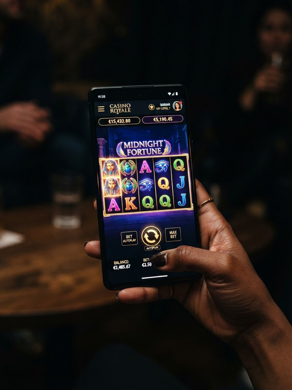 Hand met smartphone met casino-interface