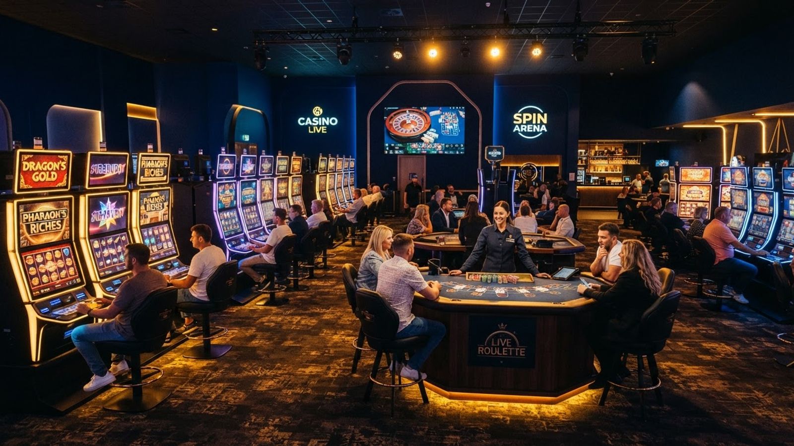Brede casino-vloer met speelautomaten en tafels