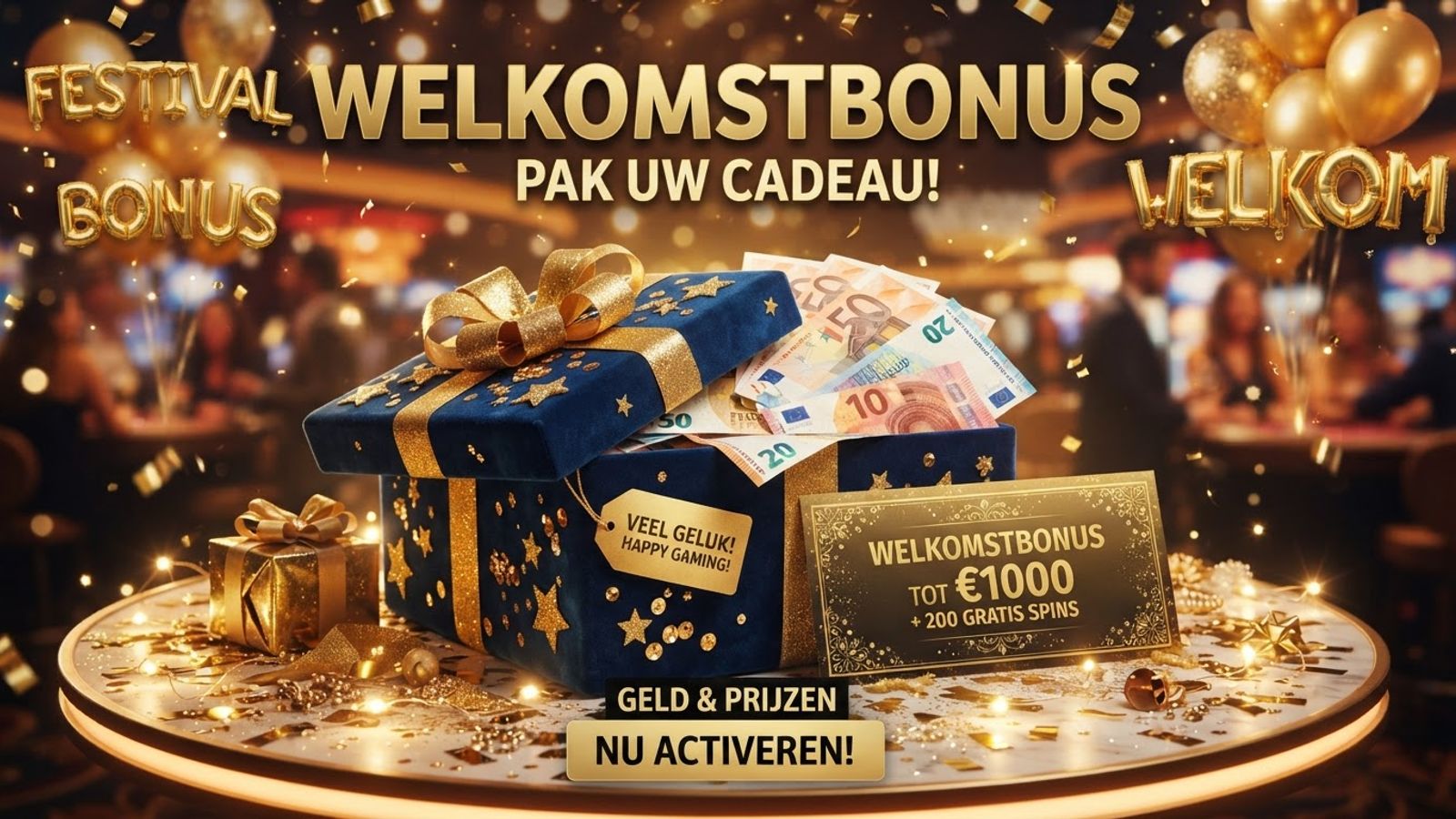Welkomstbonus met geld en cadeau in goud