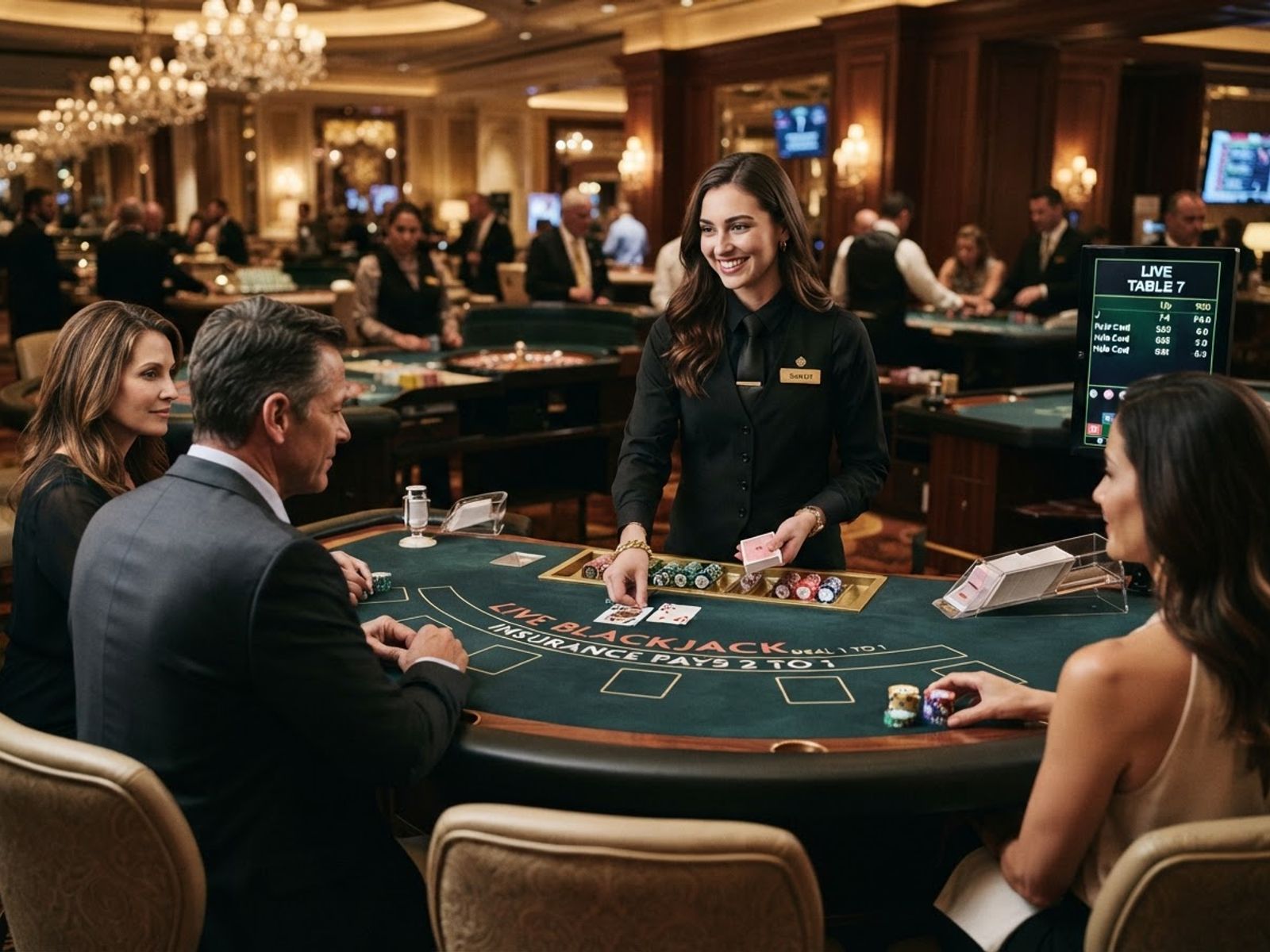 Live blackjacktafel met dealer en kaarten