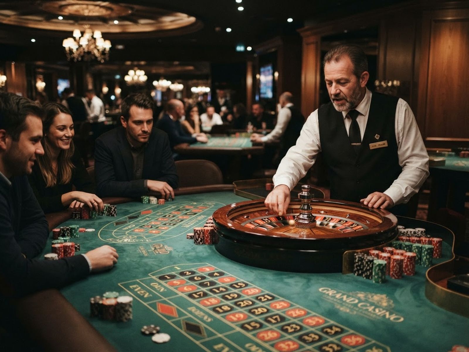 Live roulettetafel met croupier en inzetten