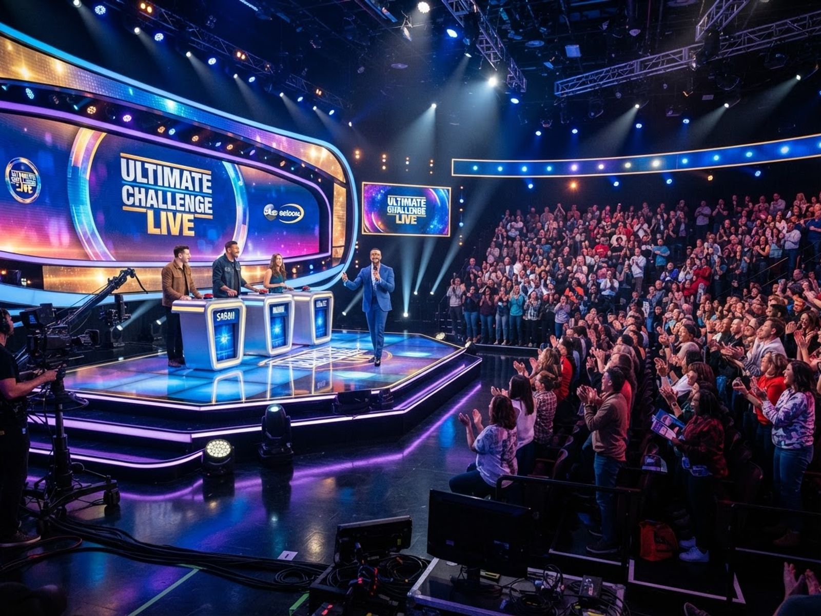 Live game show studio met podium en verlichting